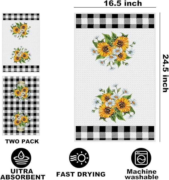 Jztco 2Pcs Sunflower Kitchen Towels 24x14 Inch, Spring Summer Floral Buffalo Plaid Hand Towels for Kitchen Farmhouse Decor, Absorbent Dish Cloth Tea Towel, Sunflower Gifts for Women Mom