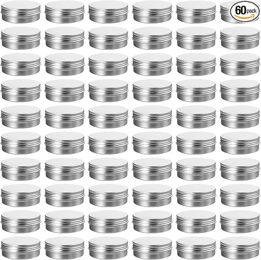 60 Pack 2 OZ Metal Round Tins, Aluminum Tin Cans Containers with Screw Lid for Lotion Bars, Balms, Salve, Spices or Beard Balm
