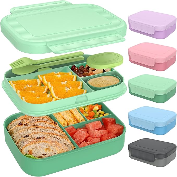Caperci Bento Lunch Box for Kids - 5.8 Cups Stackable Leakproof Bento Box Adult Lunch Box with Sauce Container - Idea for School, On-the-go, Built-in Utensil Set, BPA Free (Green)