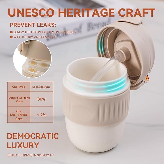 14oz Ceramic To Go Coffee Mug with Threaded Leakproof Lid & Silicone Sleeve - BPA-Free, Microwave Safe - Perfect for Car Cup Holders, Office & Gifts for Coffee Lovers (Sand Beige)