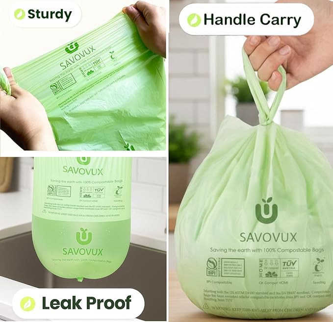 1.6 Gallon Compostable Bags with Handles, Small Kitchen Food Scrap Bags for Countertop Compost Bin, 6L, 100 Count, BPI & OK Compost Certified