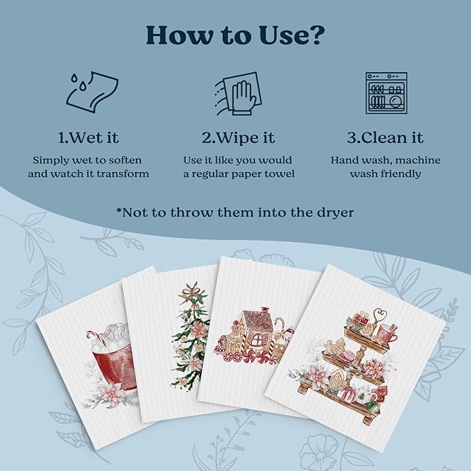 Swedish Dishcloths for Kitchen, Christmas Xmas Tree Snowman Winter Kitchen Dish Towels for Washing Dishes, 4 Pack Reusable Paper Towels, Sponge Cloths for Holiday Home Cleaning Baking Cooking