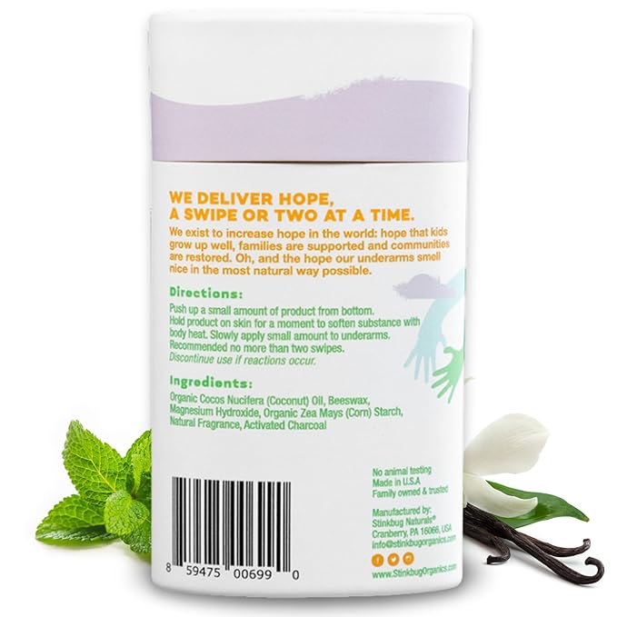 Stinkbug Naturals Organic Plastic Free Sensitive Skin Deodorant Stick with Vanilla Mint, Coconut Oil and Activated Charcoal, Aluminum Free Deodorant, 2.65 Ounce Pack of 1