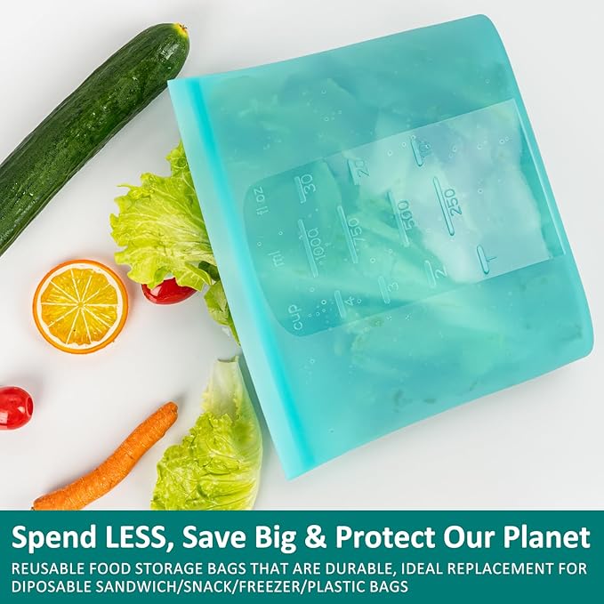 8-Pack Reusable Silicone Food Storage Bags, 100% Silicone Stand-Up Wide-Open Zip-Lock Reusable Storage Bags for Food, Freezer Microwave Oven Dishwasher Safe, Aqua, 4M 4S