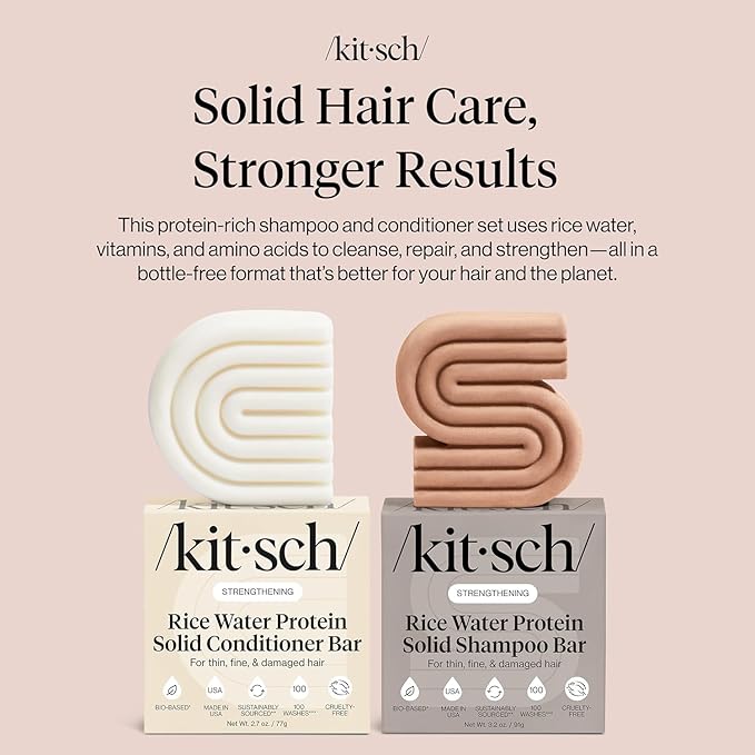 Kitsch Rice Water Shampoo & Conditioner Set – Solid Shampoo & Conditioner Bar with Protein for Hair Growth, Strengthening Hair & Damage Repair – Paraben, Sulfate & Silicone Free – 2 Pack