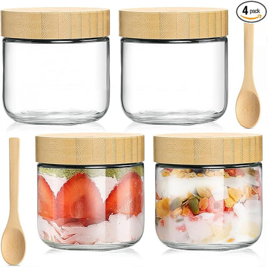 4 Pack 10oz Glass Jars with Bamboo Lids, Spoons, Airtight Overnight Oats Containers, Wide Mouth Mason Jars, Food Storage Container for Yogurt Salad Snacks Spice Sugar Meal Prep – Reusable