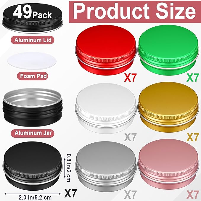 Moxweyeni 49 Pcs 1 Oz/30 ml Aluminum Tin Cans with Screw Lid, Refillable Travel Size Cosmetic Containers for Salves, Beard Balms, Candles, Lip Balm, Spices, DIY Cosmetic Storage (Multicolor)