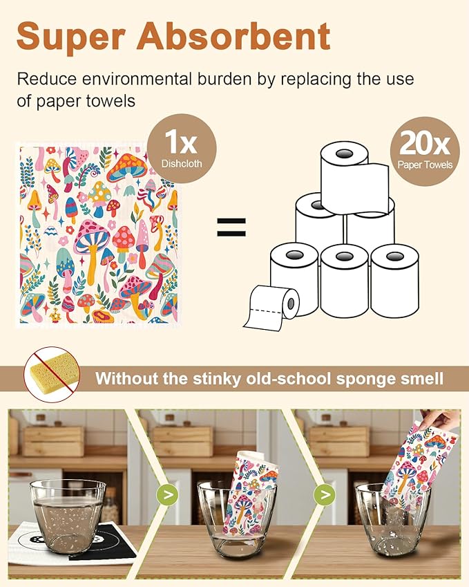 Swedish Dishcloths for Kitchen with Hooks - Reusable Dish Cloths for Washing Dishes Fast Drying Cute Fun 5 Pack Swedish Dish Towels Washable Cleaning Sponge, Swamm Series