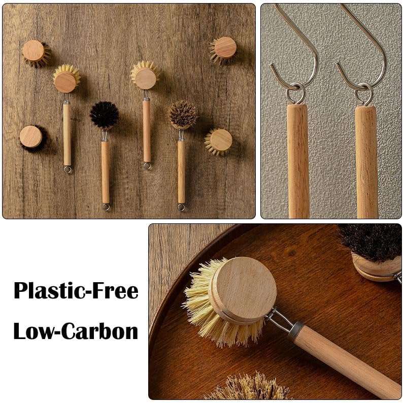 Bamboo Dish Brush with Handle, 1 Sturdy Wooden Handle with 3 Natural Bristle Heads, Horsehair, Sisal, Palm - All Purpose Kitchen Scrubber, Bamboo Wok Brush, Fruit and Veggie Scrubber - Image 5