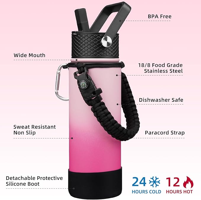 BJPKPK Insulated Water Bottle with Straw Lid, 22oz Thermal Flasks Water Bottles with 3 Lids, Paracord Handle & Non-slip Boot, BPA Free Leak Proof Stainless Steel Tumblers, Cups,Cherry