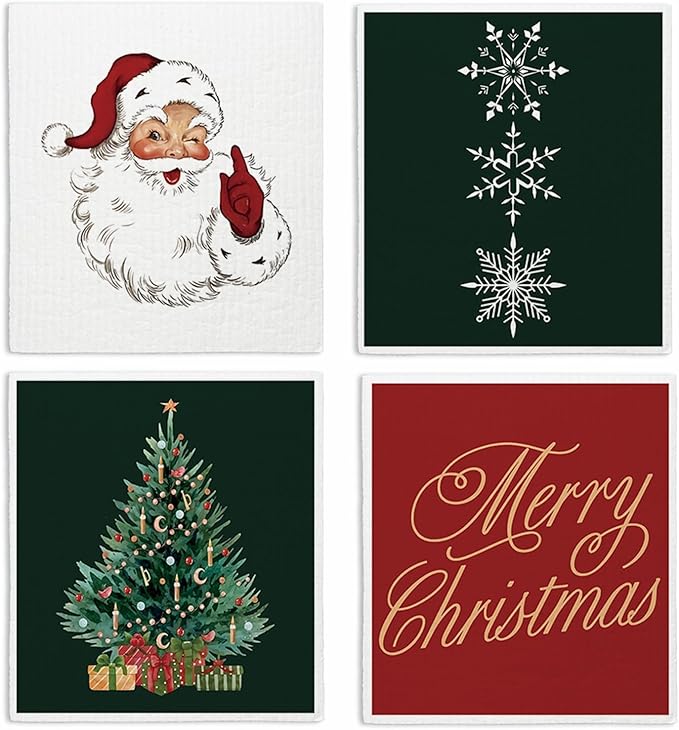 Swedish Dishcloths for Kitchen, Christmas Xmas Tree Snowflake Winter Kitchen Dish Towels for Washing Dishes, 4 Pack Reusable Paper Towels, Sponge Cloths for Home Cleaning Baking Cooking