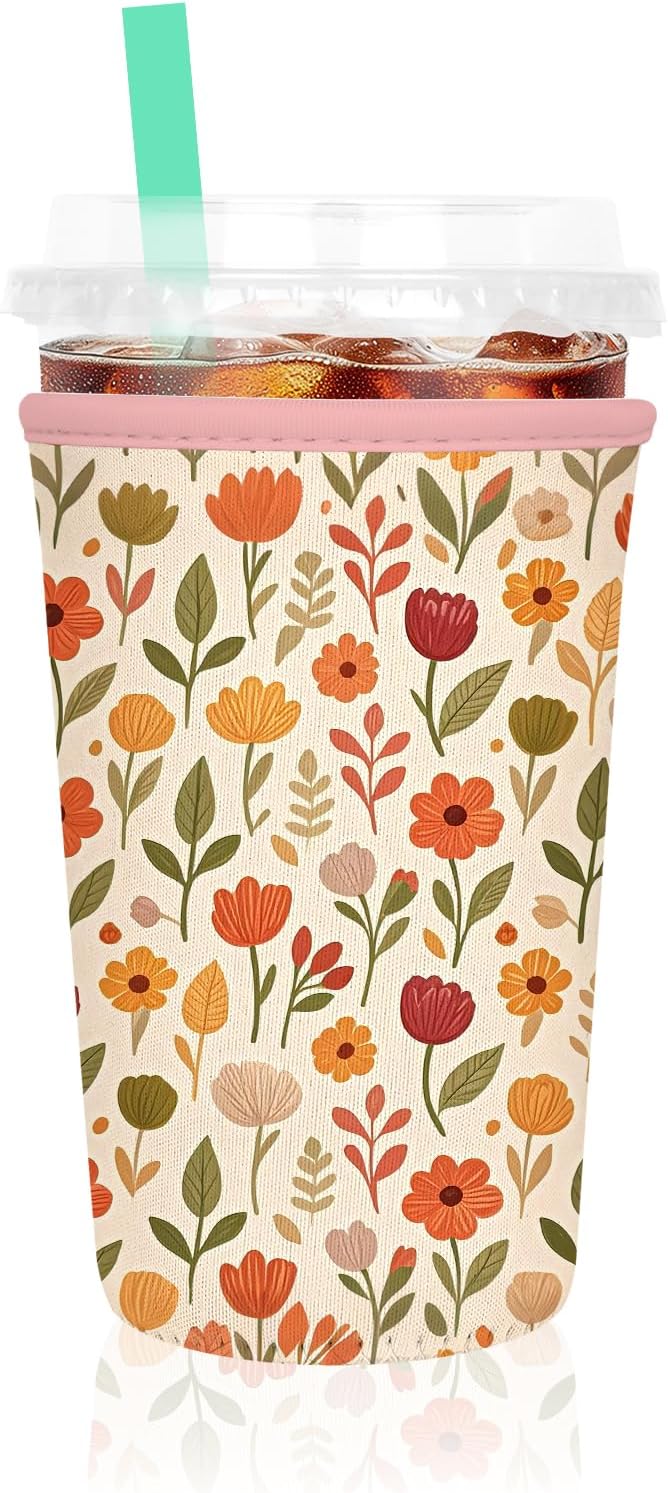 Iced Coffee Sleeve, Reusable Insulated Neoprene Cup Sleeve for Cold & Hot Drinks Beverages, Cup Holder for 22-24oz Coffee Cups, Beauty Flowers