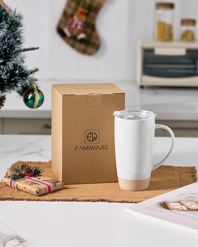 famiware Milkyway Coffee Mug, 20oz Large Coffee Mug, Ceramic Mug with Lid, Tea Cup with Handle for Latte, Tea, Cocoa, Milk, Home & Office, White
