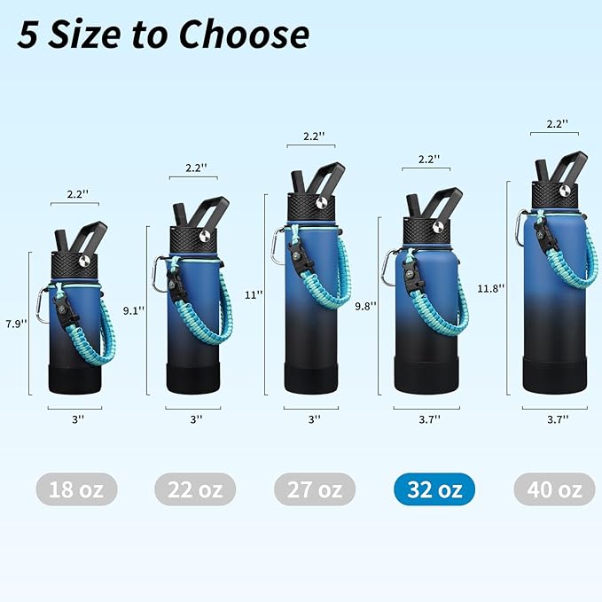BJPKPK 32oz Insulated Water Bottles with 3 Lids, Paracord Handle & Non-slip Boot, Stainless Steel Metal Water Bottle,Reusable BPA Free Thermal Flasks, Tumblers, Blue Black
