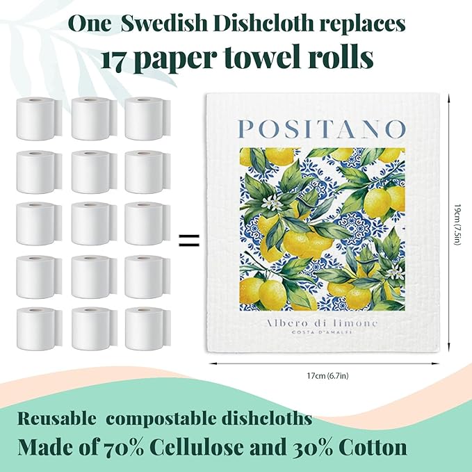 Swedish Dishcloths for Kitchen, Papaya Reusable Paper Towels Washable, Vintage Floral Summer Lemon Swedish DishCloths for Friut, 4 Pcs Dish Towels for Kitchen, No Odor Cleaning Cloths