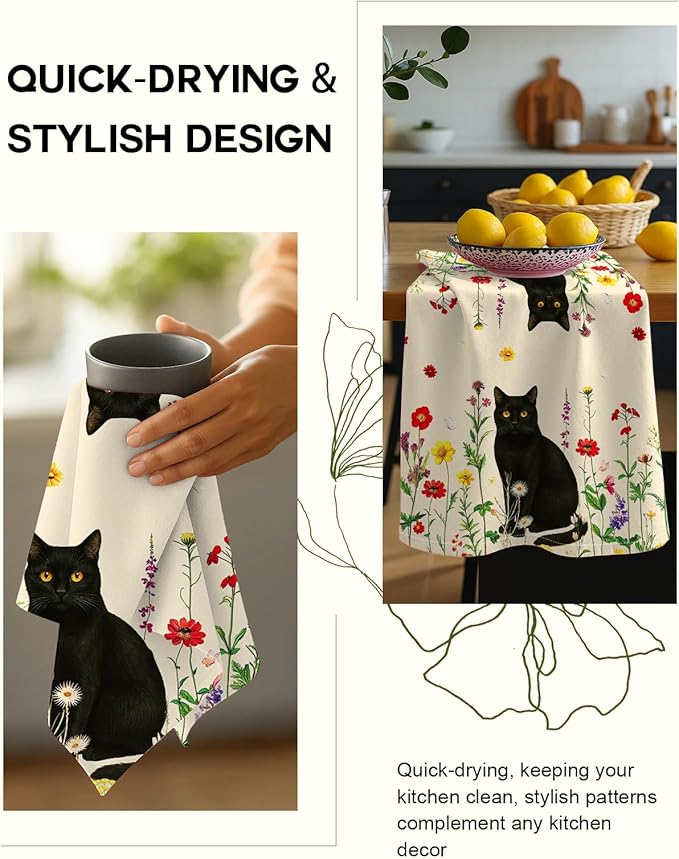 Flour Sack Kitchen Towels Set of 2-18x26 Cotton Dish Towels with Hanging Loop Reusable Tea Towel for Cleaning Spring Absorbent Dishcloths Cute Home Decor Housewarming, Retro Cats Floral