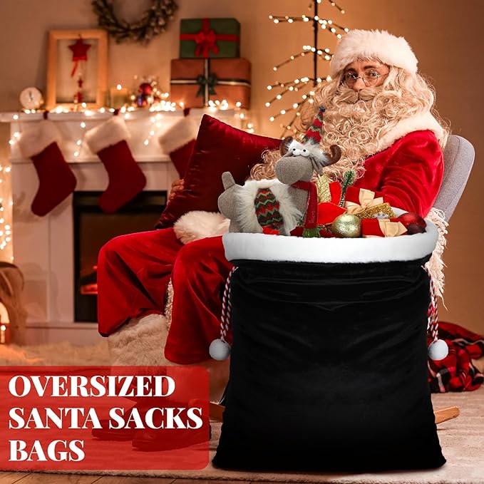 Shappy 2 Pieces Christmas Velvet Santa Bags with Drawstring in 2 Size Large Christmas Bags Santa Gift Sack for Xmas Playing Present Toy(Black)