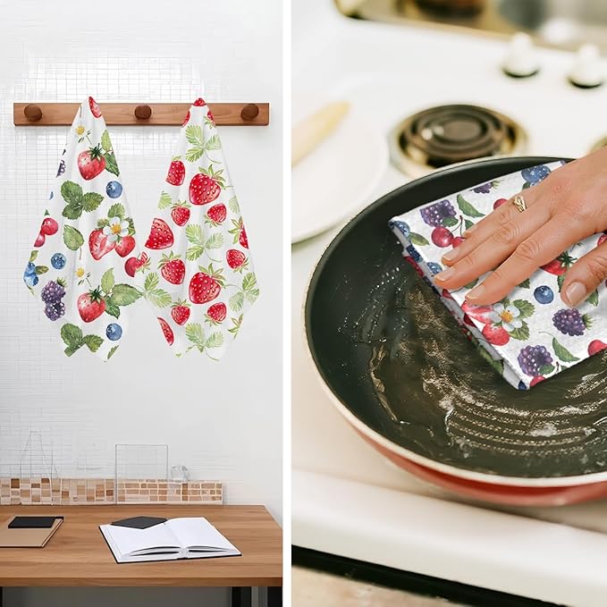 Jztco 2Pcs Strawberry Kitchen Towels 24x14 Inch, Summer Fruits Seamless Pattern Hand Towels for Kitchen Home Decor, Absorbent Microfiber Dish Cloth Tea Towel, Strawberry Gifts for Women Mom Grandma