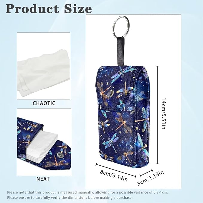 Dragonfly Tissues Purse Pocket with Hanging Rope Portable Tissue Holder for Women Travel Tissues Holder Snap Button Enclosed