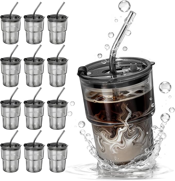 12 Packs Glass Tumbler with Lid and Straw Ice Coffee Cup Employee Christmas Appreciation Gift Ideas Bulk Team from Boss Best End Year Work Office Staff Coworker Team Group Colleague Teamwork Thank You