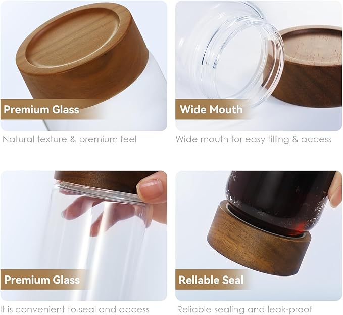 6pc 8oz Glass Mason Jars with Acacia Wood Airtight Lids - Food Storage Container Set, Clear Stackable Leakproof Kitchen Canisters for Meal Prep/Snack Organization/Spice Storage