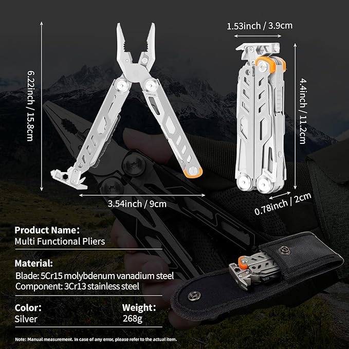 23-in-1 Multitool Pliers with Scissors,Window Breaker, Rope Cutters,Flint, Saw, Screwdrivers,High-carbon Steel Multi Tool with Carrying Pouch Ideal for Camping Survival and Gift for Dad Him Men