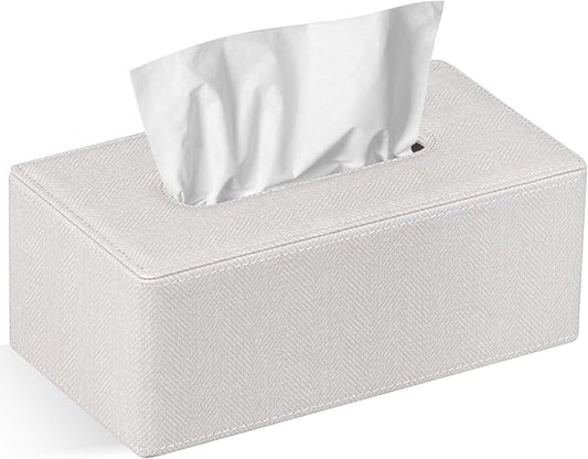 Tissue Box Cover Rectangular 9.8"(L) x 5.3"(W) x 4.3"(H) Refined Modern PU Leather Facial Tissue Dispenser Box Holder for Dresser Bathroom Decorative (Linen Beige)