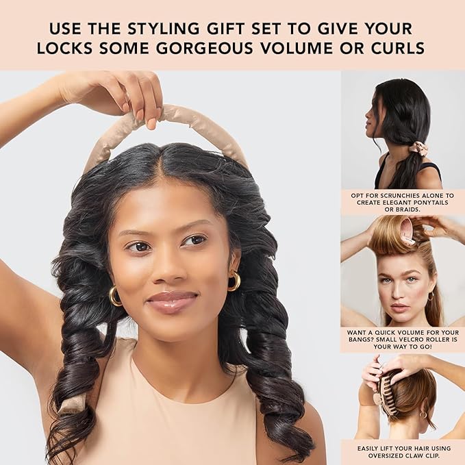 Kitsch Satin Heatless Hair Curler Styling 5pc Gift Set - Satin Heatless Hair Curler w/ 2 Scrunchies, Ceramic Thermal Roller & Claw Clip, Gifts for Women, Hair Roller Styling & Accessories- Champagne
