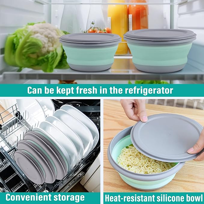 Collapsible Bowl, 3 Pcs Food Grade Silicone Camping Bowl, Expandable Salad Bowl Lunch Box with Lid & Tableware for Travel and Picnic (Blue)