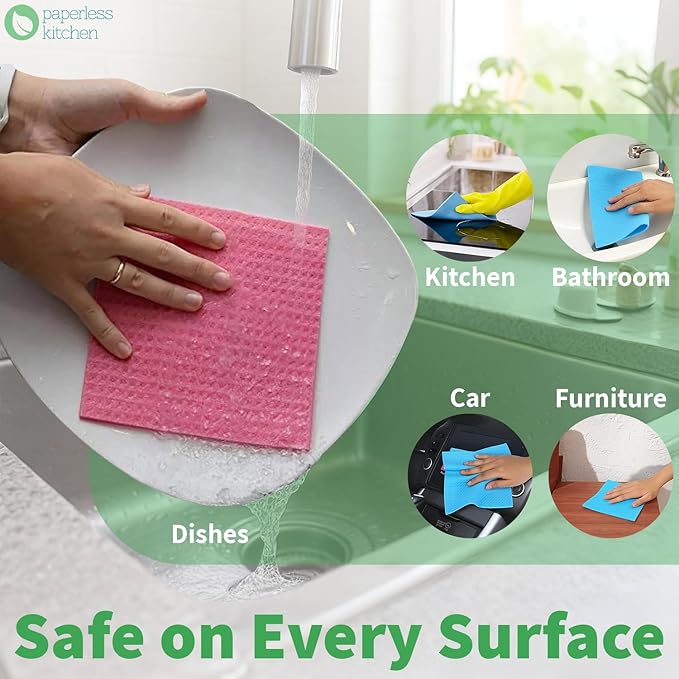Paperless Kitchen Swedish Dishcloths 12-Pack – Reusable Eco-Friendly Cleaning Towels, Super Absorbent Cellulose Sponge Cloths for Kitchen, Dishes & Countertops, Quick-Dry & Compostable