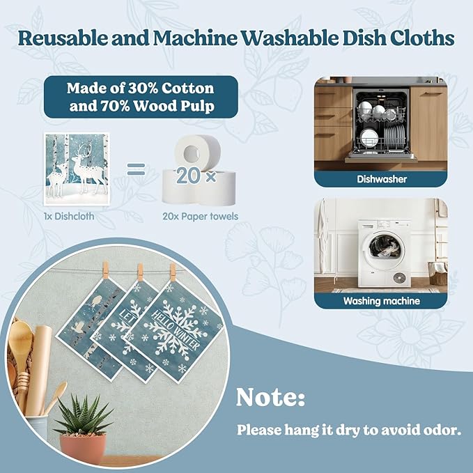 Christmas Swedish Dishcloths for Kitchen, Winter Xmas Reindeer Blue Kitchen Dish Towels for Washing Dishes, 4 Pack Reusable Paper Towels, Sponge Cloths for Home Party Housewarming Cleaning