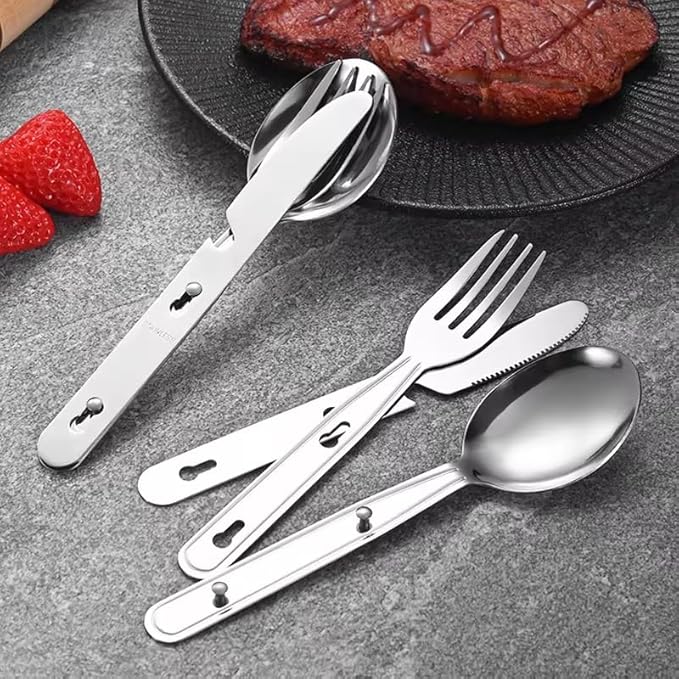 Stainless Steel Travel Utensil Set, 3-Piece Portable Flatware with Spoon, Fork, Knife, Lightweight Camping Cutlery, Interlocking Design, 6 inches, Canvas Carrying Case Included