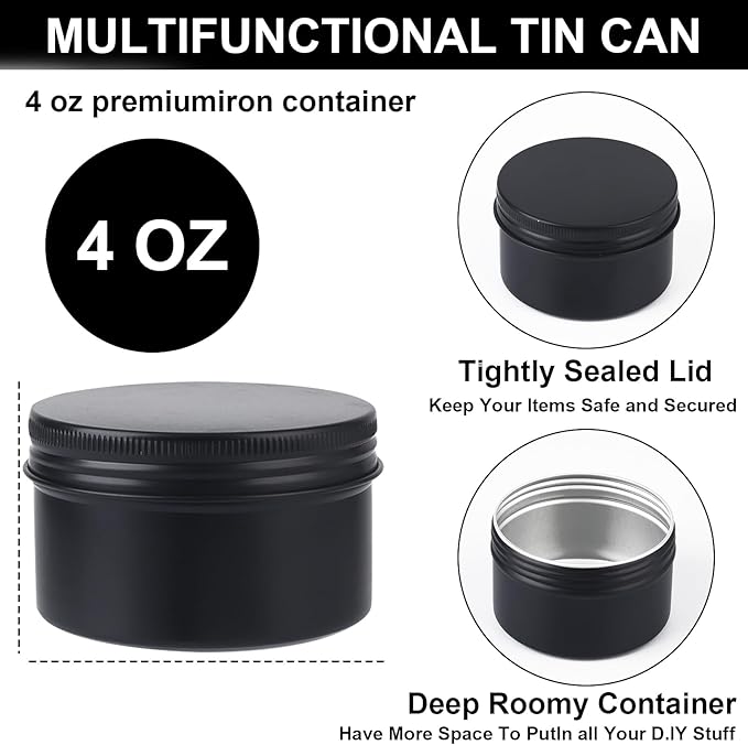 64 Pack Round Cans with Screw Lid 4 Oz Aluminum Metal Tins DIY Food Candle Containers for Lotion Bars, Balms, Salve, Spices, Beard Balm, Crafts with 4 Markers 2 Sheets Label Stickers (Black)