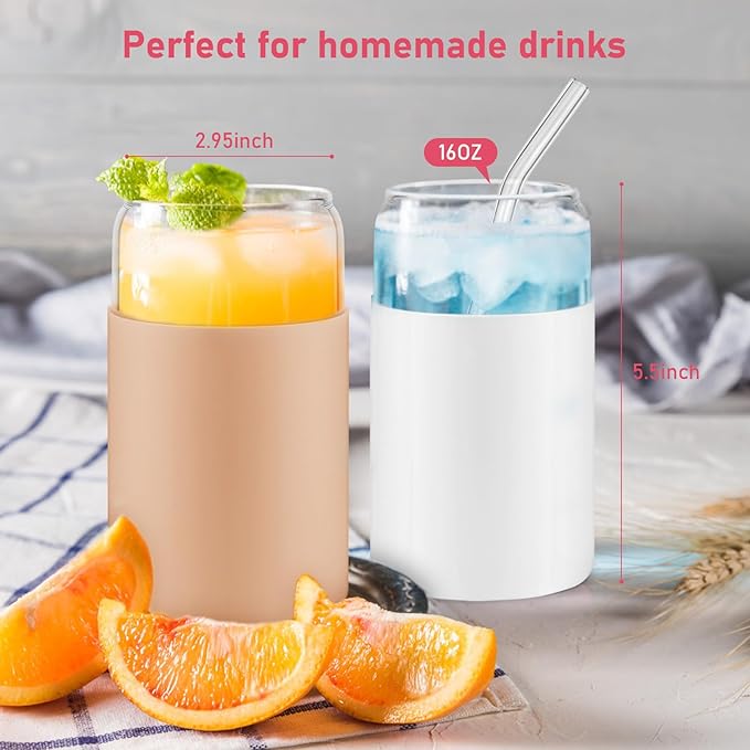 sungwoo Glass Cups with Lids and Straws, 4 Pack 16OZ Iced Coffee Cups with Silicone Sleeve, Glass Tumbler with Straw and Bamboo Lid, Home Essential Drinking Set for Juice, Cocktail and Latte 4 Colours