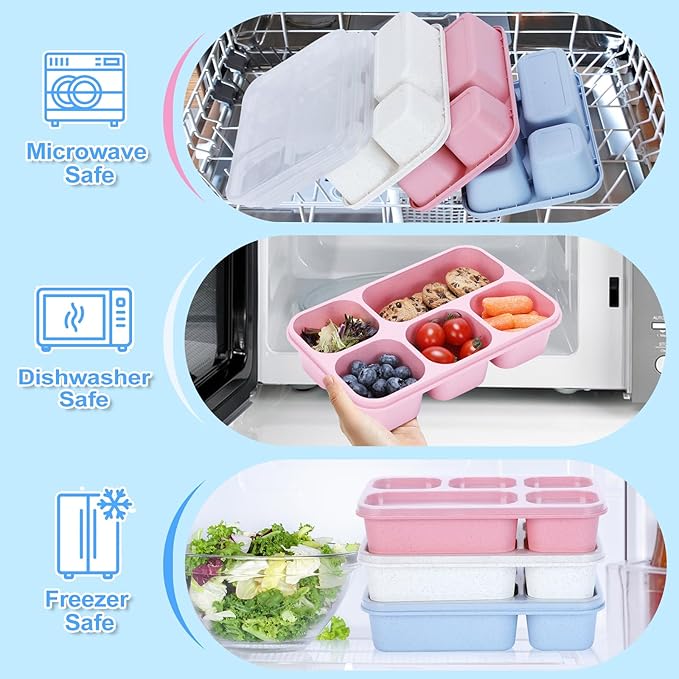 Bento Box Adult [Portion Size], 3 Pack Snack Containers with 5 Compartments for Meal Prep & On-the-Go [Work, Travel], Lunchable Container Reusable and BPA-Free