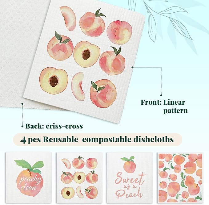 Peach Swedish Dishcloths for Kitchen, Pink Peach Cute Swedish Dish Cloths for Friut, Papaya Reusable Paper Towels, 4 Pack Cleaning Cloth for Kitchen, Reusable Paper Towels Washable