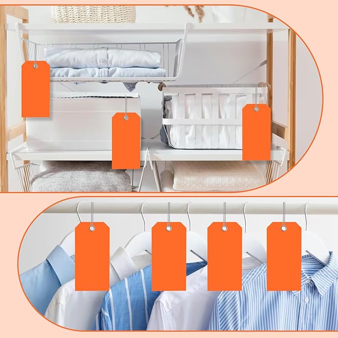 200 PCS 4 3/4" x 2 3/8" Neon Color Shipping Tags with Wire Paper Heavy Duty Hang Tags with Reinforcement Holes Writable Luggage Tag with String Durable Marking Tags (Neon Orange, 4 3/4" x 2 3/8")