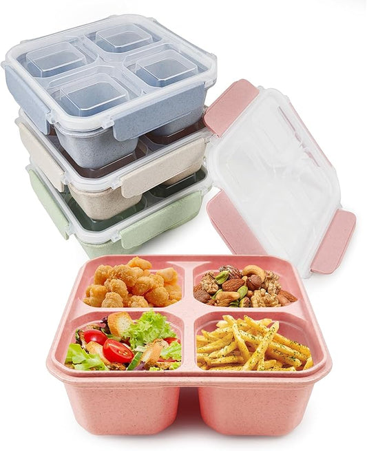 greenandlife 4 Pack Bento Lunch Box Set for Kids Adults, 4 Compartment Reusable Wheat Straw Meal Prep Food Storage Snack Containers, Stackable Snack box, Microwave and Dishwasher Safe, INS