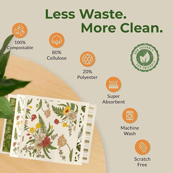 MosJos Swedish Dishcloths, Vintage Plant-Based Cellulose, 6.7x7.5 Inch, Super Absorbent, Multi-Surface, Machine Washable, Reusable, 5 Pack (Green)
