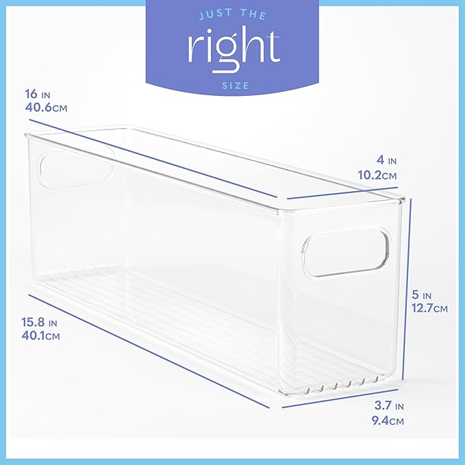 primebox Plastic Food Storage 4 Pack Clear Container Bin with Handles for Organizing Kitchen, Pantry, Fridge, Freezer, Pantry,Bathroom. 16"x4"x5"