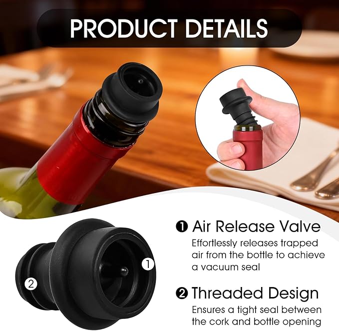 12-Pack Wine Vacuum Stoppers, Reusable Silicone Wine Saver Preserver, Air Seal to Keep Wine Fresh, Universal Black Bottle Sealer Set for Red & White Wine