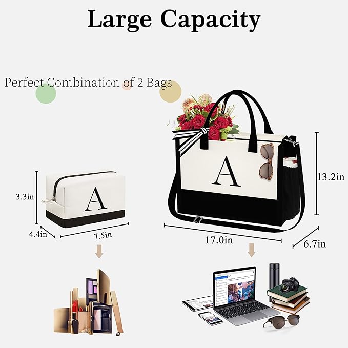 YOOLIFE Christmas Gifts for Women - Initial Canvas Tote Bag & Makeup Bag, Birthday Gifts for Women Mom Sister Friends