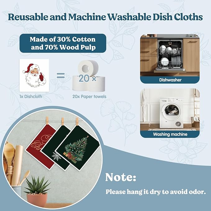 Swedish Dishcloths for Kitchen, Christmas Xmas Tree Snowflake Winter Kitchen Dish Towels for Washing Dishes, 4 Pack Reusable Paper Towels, Sponge Cloths for Home Cleaning Baking Cooking