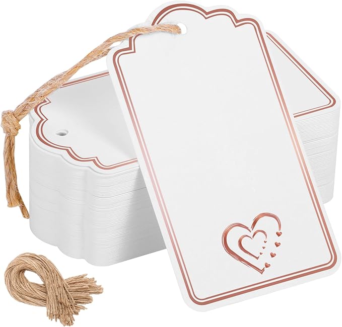 120 PCS Gift Tags with String Attached Foil Rose Gold Heart Paper Tags Writable Blank Tag for Gift Bags Valentine's Day Mother's Day Wedding DIY Craft Project Stocking Stuffers 3.5''×2''