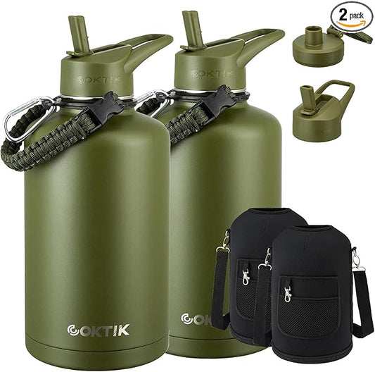 COKTIK 84oz Water Bottle with Straw - Triple Insulated Flask, 48hr Cold Retention Large Water Bottle, Leakproof Water Jug for Gym, Hiking, Camping, Outdoor Sports (2 pack, Army Green)