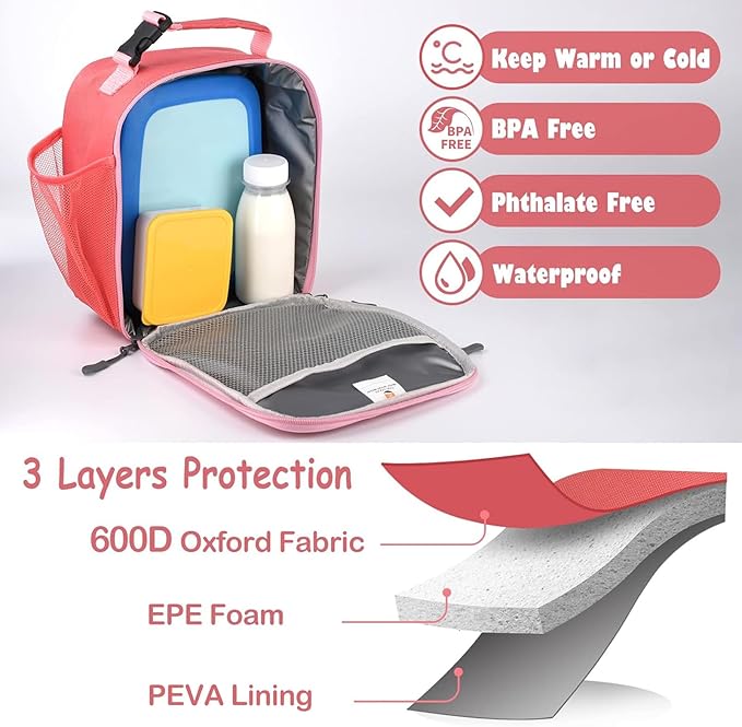 Lunch Box Kids,Premium Insulated Lunch Bag for Girls Boys,Soft Bag Mini Cooler Back to School Thermal Reusable Lunch Bag for Work School Picnic (Pink)