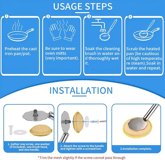 Kitchen Scrub Brush with Handle, Non-Scratch Extra Strong Cleaning Brush for Wok, Cast Iron, Pans, Oven Racks, Air Fryer - Strong Model