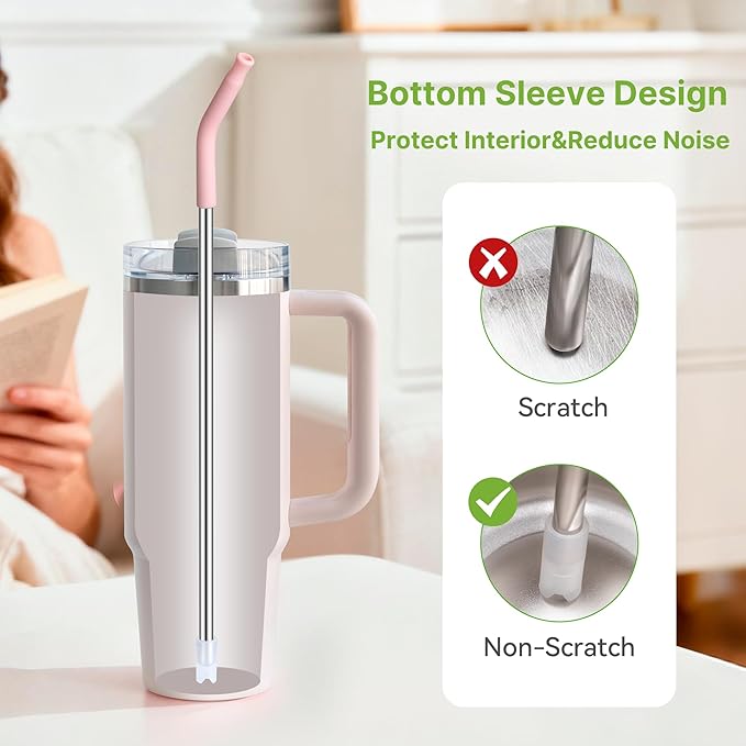 Metal Straw Reusable for Stanley 30 OZ Tumbler, 2 Pcs Long Stainless Steel Drinking Straws with Silicone Tip for STANLEY Quencher 30 oz Cups, 1 Straw Brush, BPA Free Dishwasher Safe(Light Pink)