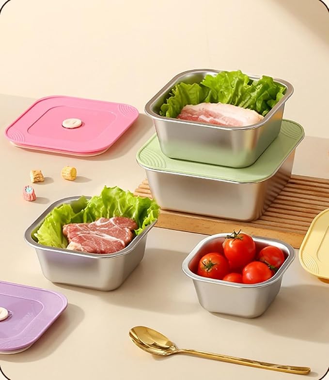 4-Piece Stainless Steel Snack & Lunch Containers with Lids Set, Stackable Metal Food Storage Containers with Lids, Airtight Leakproof Lunch Bento Box, Dishwasher Safe (Size 4.5", 5.5", 6.3", 7")
