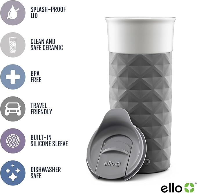 Ello Ogden 16oz Ceramic Travel Mug with Splash-Resistant Slider Lid and Protective Silicone Sleeve, Perfect for Coffee or Tea, BPA-Free, Dishwasher Safe, Teal